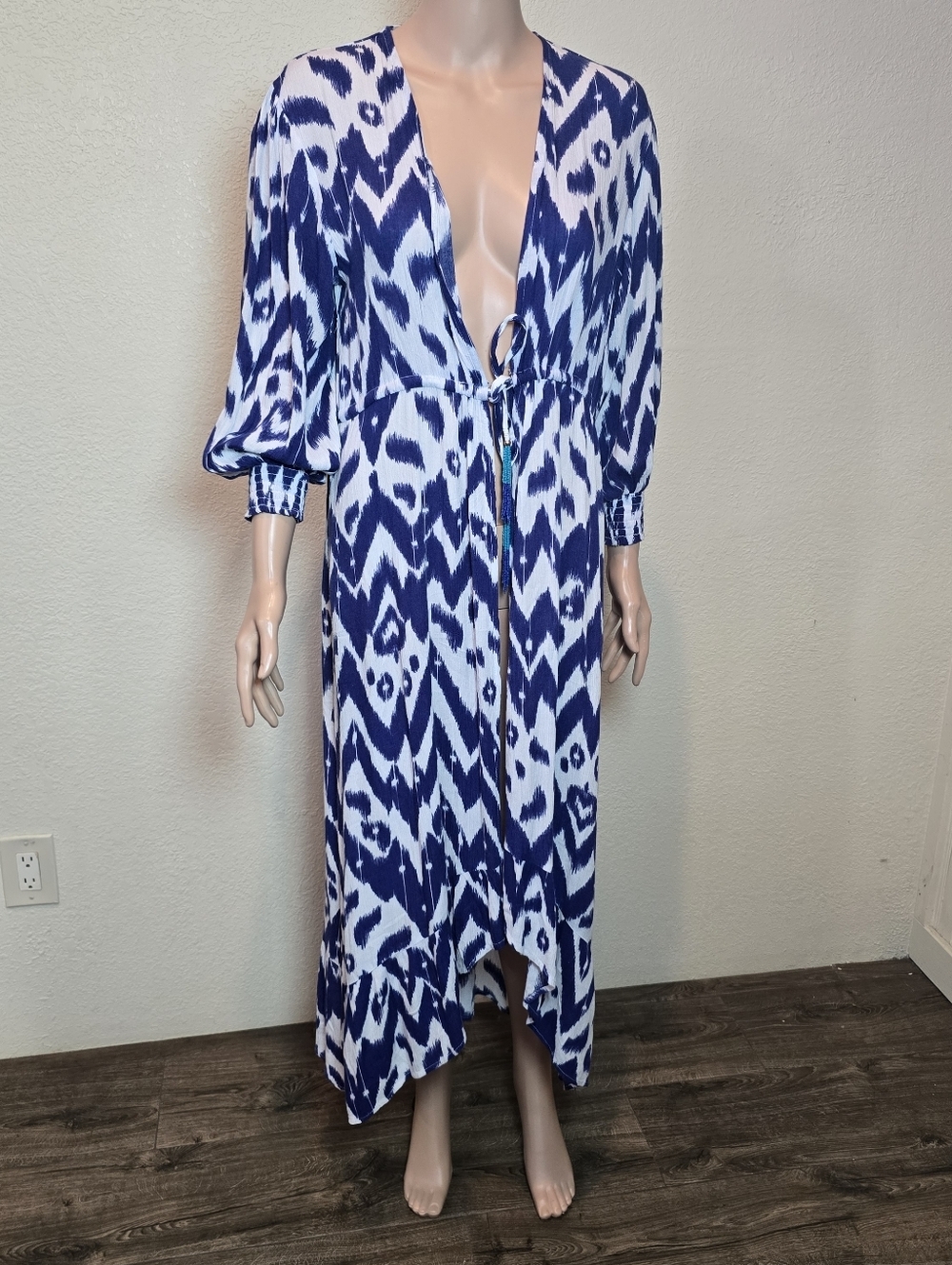 Blue Island Women's Blue/White Boho Flowy Tie Front Beach Cover Up Size Small - Picture 2 of 11